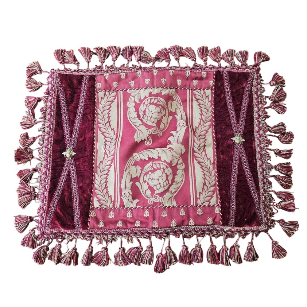 Sweet Dreams Decorative Pillow Sham Burgundy Gold Tassel Fringe Velvet 15.5x20"